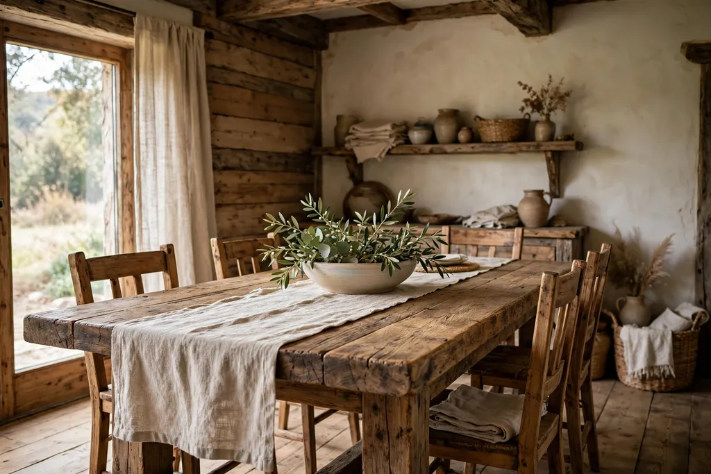 Rustic dining room with a wood farm table, a linen runner, and a low bowl centrepiece.