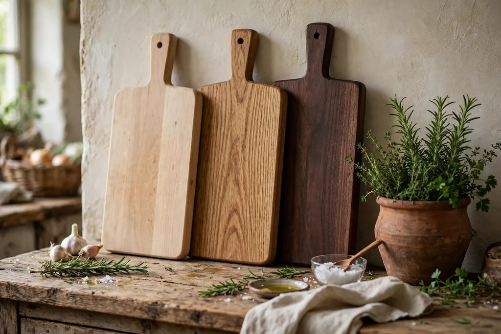 Rustic kitchen counter with wood cutting boards leaning against the wall beside a clay herb pot.