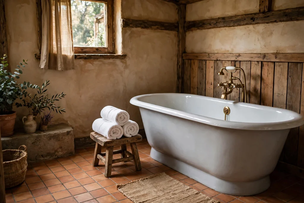 Rustic bathroom with a small wood stool holding rolled white towels beside a bath.