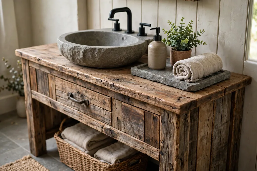 Rustic bathroom vanity in reclaimed wood with a stone tray holding soap, a plant, and a towel.