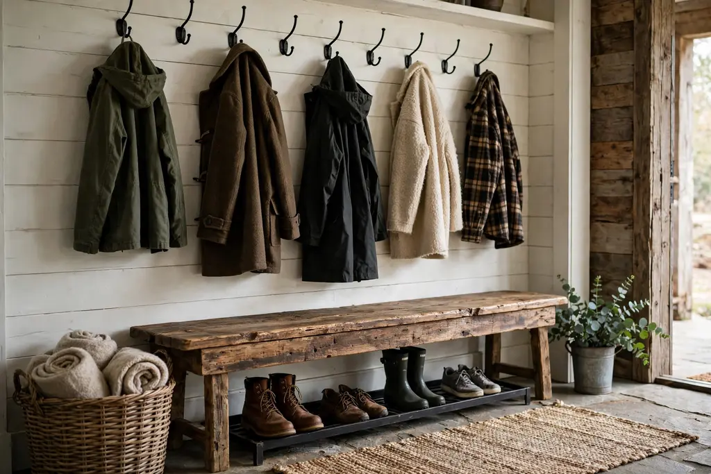 Rustic entry mudroom row with a wood bench, iron wall hooks, and a boot tray below.