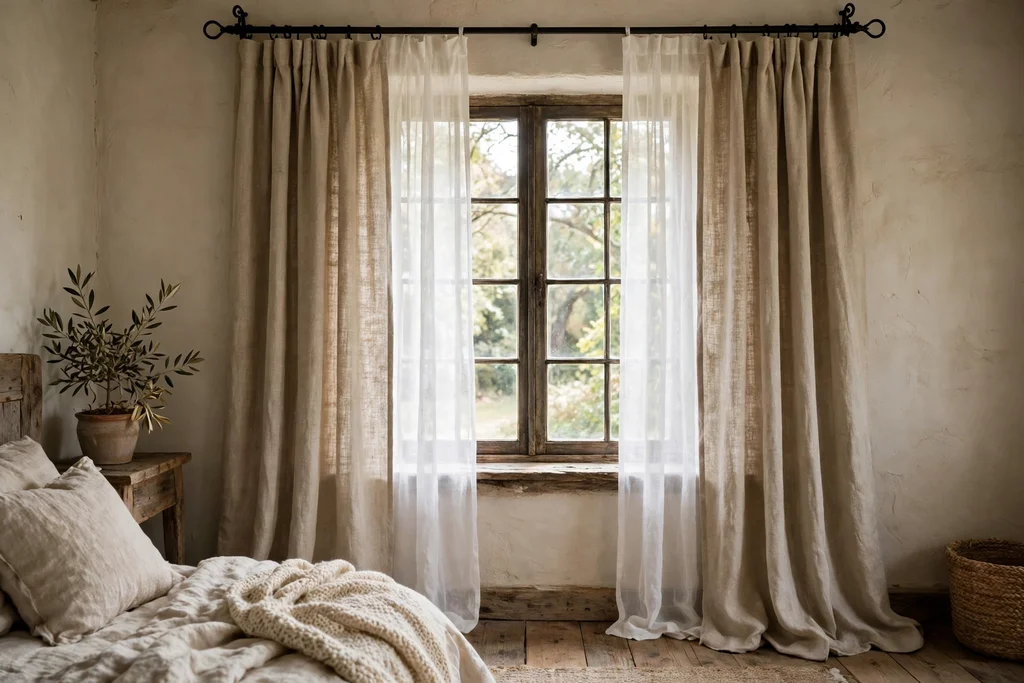 Rustic bedroom window with floor length linen curtains layered over a sheer panel.