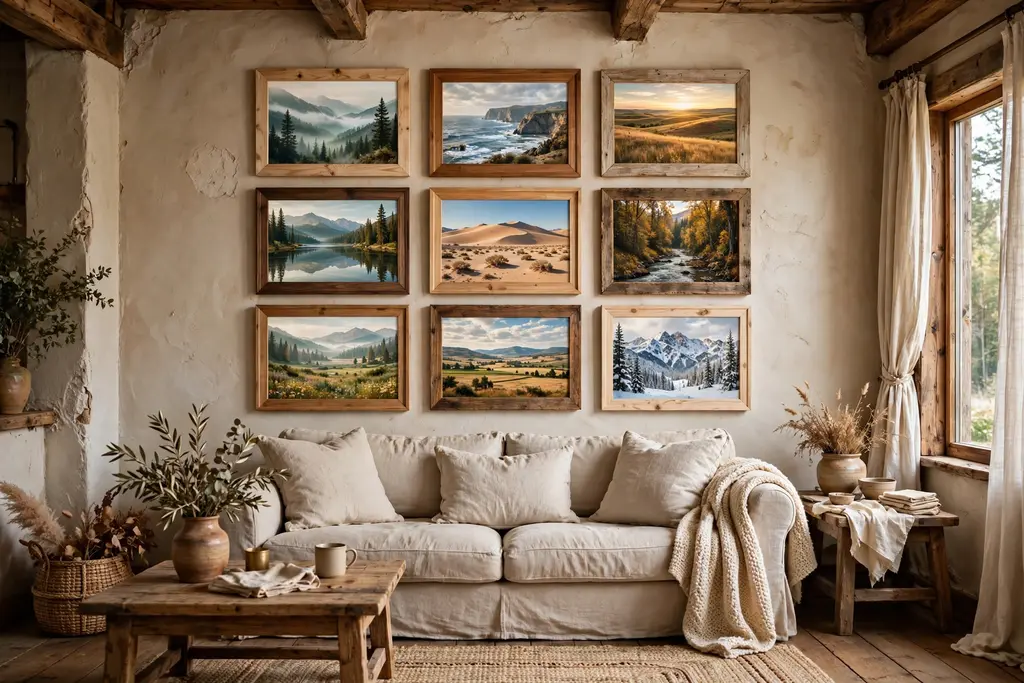 Rustic living room gallery wall of landscape prints in mixed warm wood frames above a sofa.