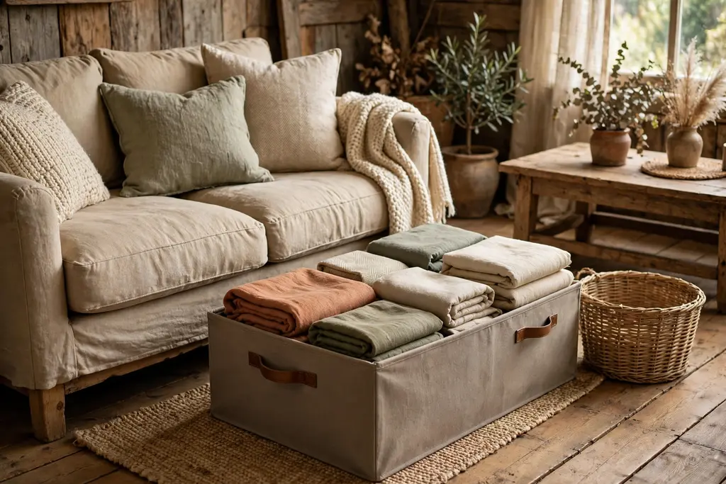 Rustic living room sofa with a labelled storage box of folded throws and cushion covers nearby.