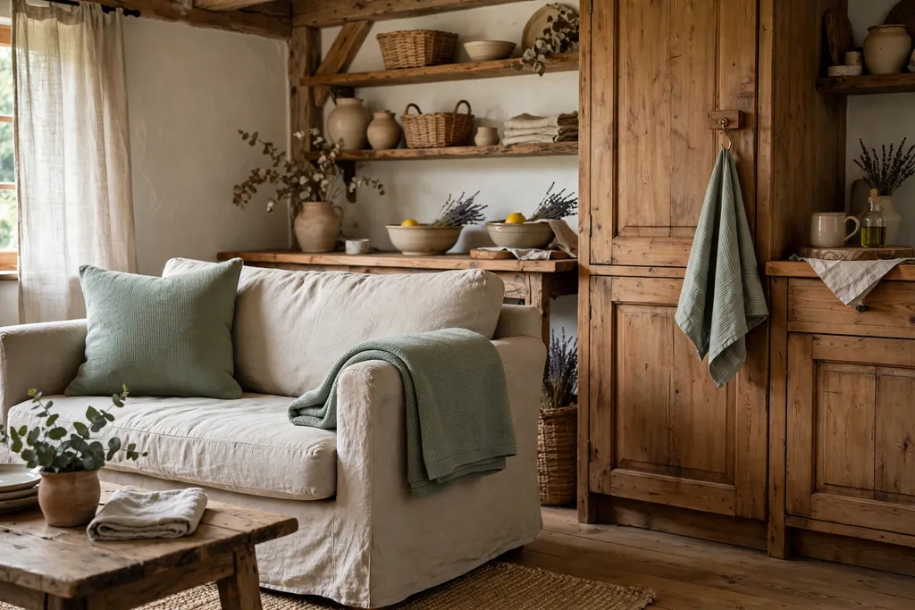 Rustic home interior with a sage green accent repeated in a cushion, a throw, and a tea towel.