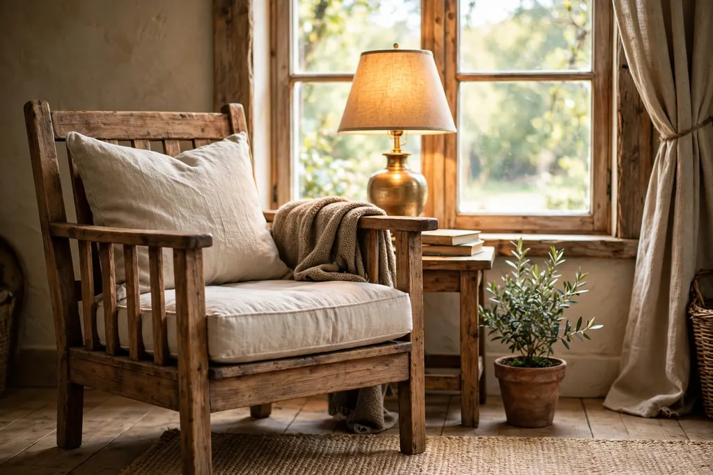 Rustic reading corner with a wood chair, linen cushion, warm lamp, and a small plant by a window.