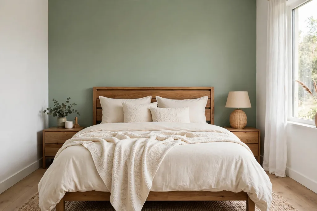 Bedroom with a sage green accent wall behind a wooden headboard bed with cream bedding.