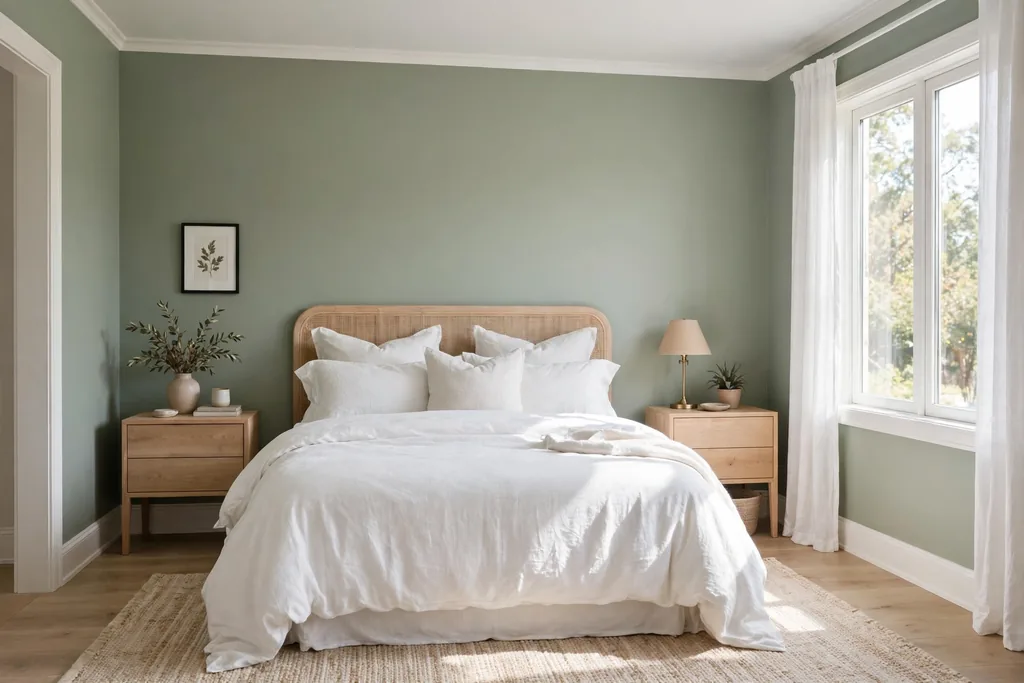 Bedroom with soft sage green walls, crisp white trim, and a bed with white bedding.