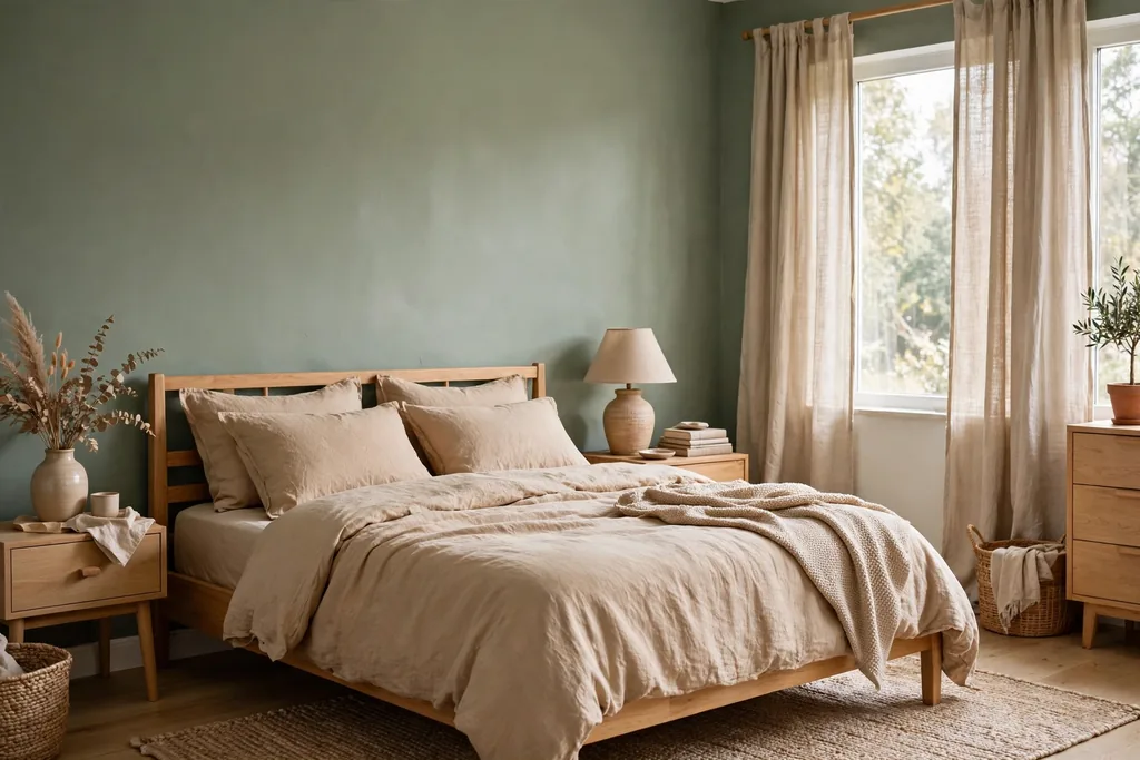 Bedroom pairing sage green walls with warm beige bedding and beige linen curtains.
