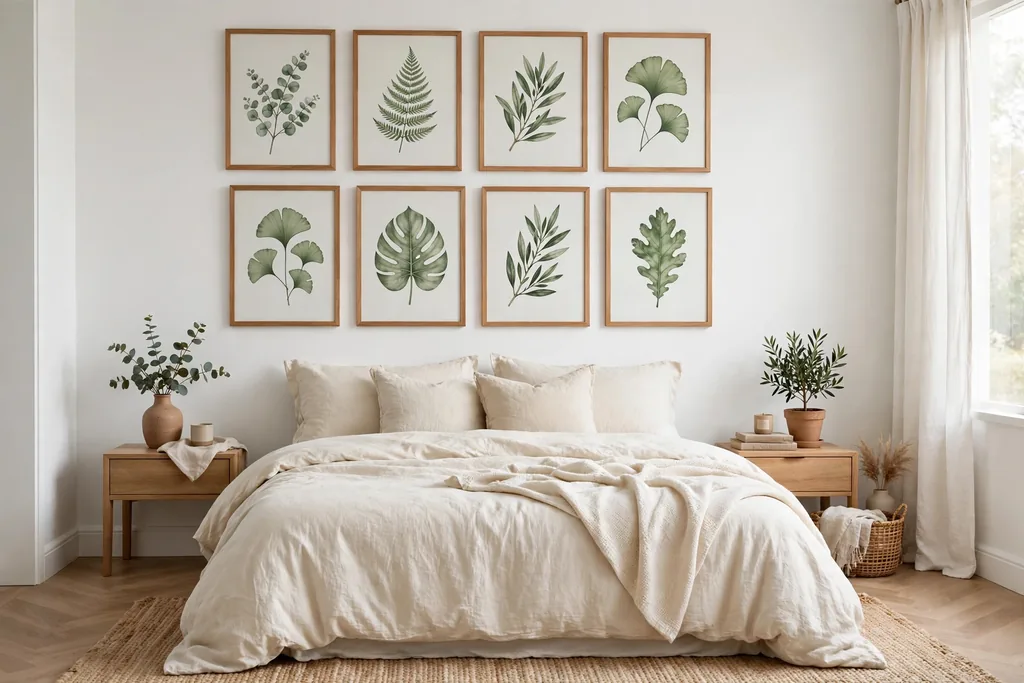 Bedroom with a gallery wall of framed botanical prints in sage tones above a bed.