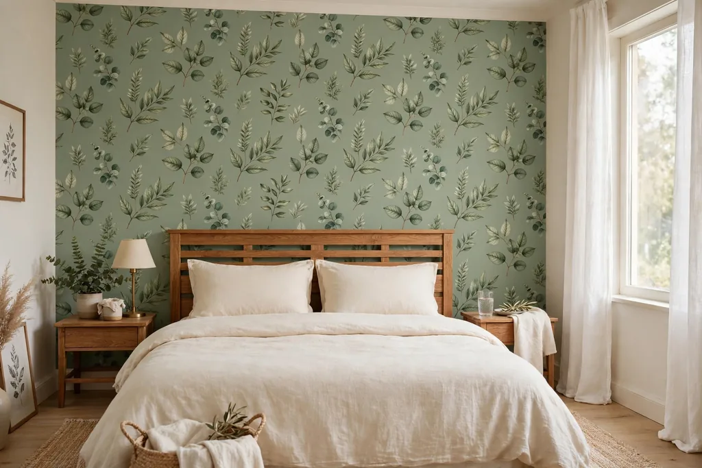 Bedroom with a sage green botanical wallpaper feature wall behind a bed with cream bedding.