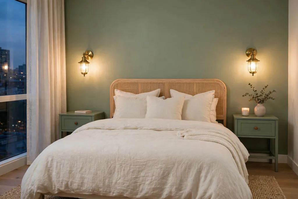 Bedroom with brass wall sconces above sage green nightstands beside a bed with cream bedding.