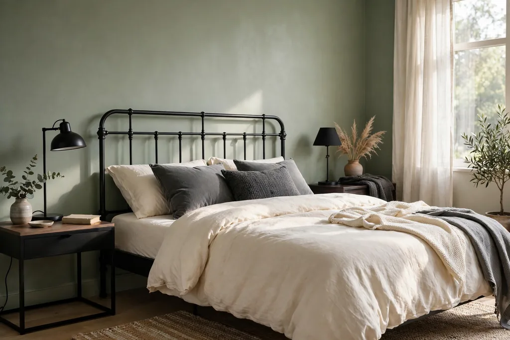 Bedroom with sage green walls, a black metal bed frame detail, charcoal cushions, and a black lamp.
