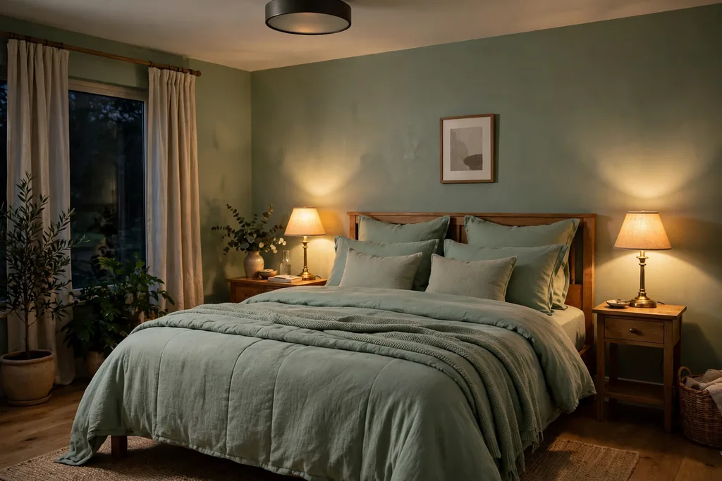 Sage green bedroom in the evening with warm bedside lamps and a soft glow.