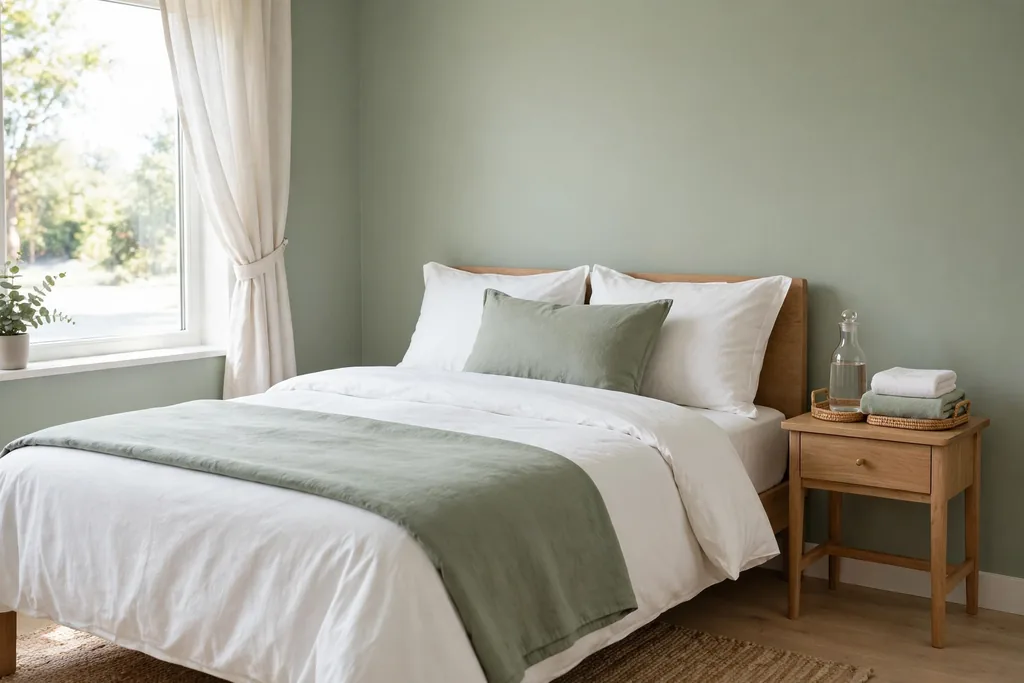 Guest bedroom with sage green walls, white and sage bedding, and a tray on the nightstand.