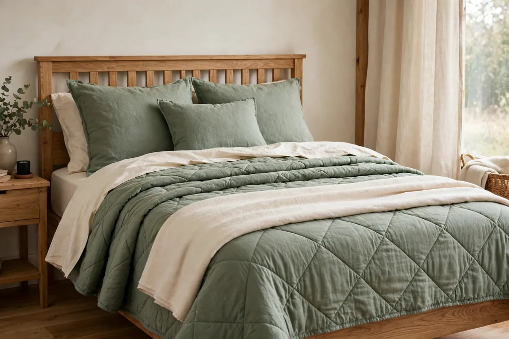 Bed with layered sage green and cream bedding, a sage quilt, and a folded throw at the foot.
