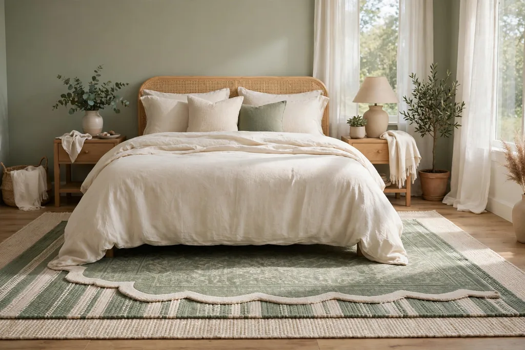 Bedroom with a large sage green and cream rug under a bed with cream bedding.