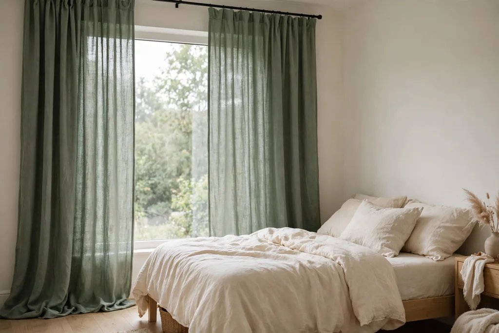 Bedroom window with floor-length sage green linen curtains and soft filtered daylight.
