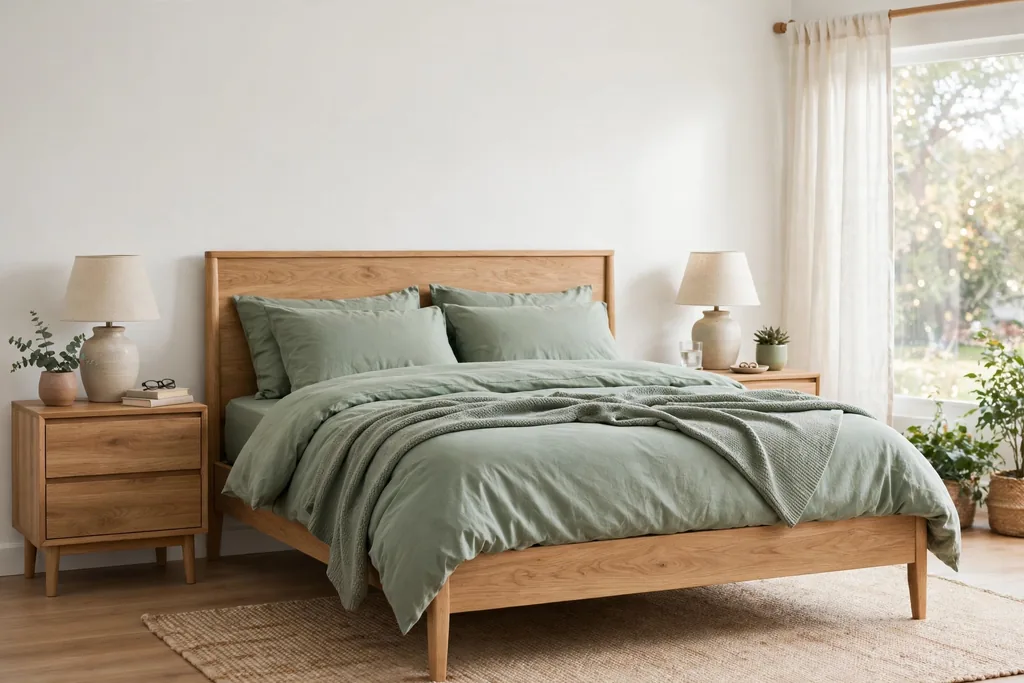 Bedroom with a light oak bed frame, sage green bedding, and oak nightstands.