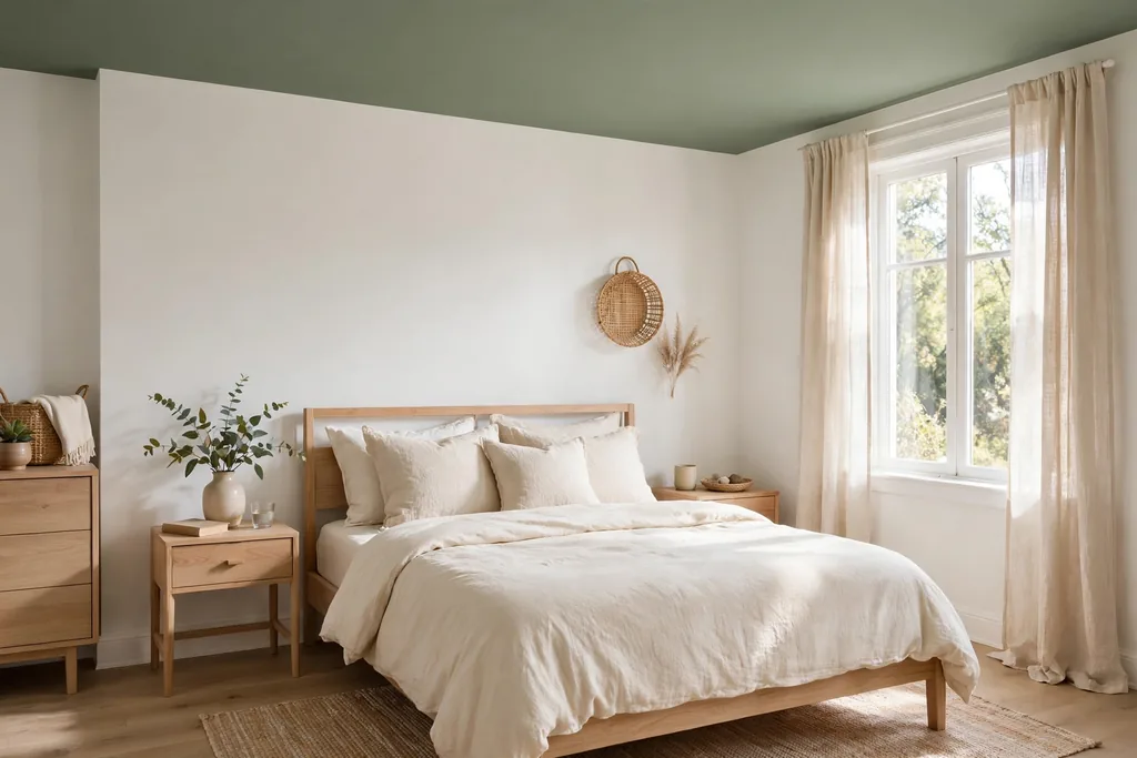 Bedroom with a sage green painted ceiling, white walls, and a bed with cream bedding.