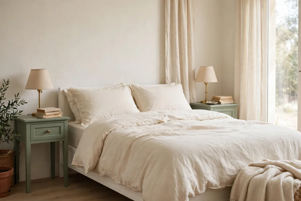 Bedroom with a white bed flanked by two small sage green painted nightstands with lamps.