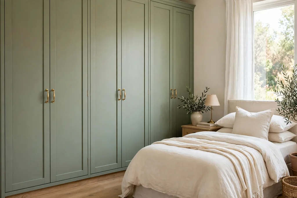 Bedroom with a sage green painted built-in wardrobe wall beside a bed with cream bedding.