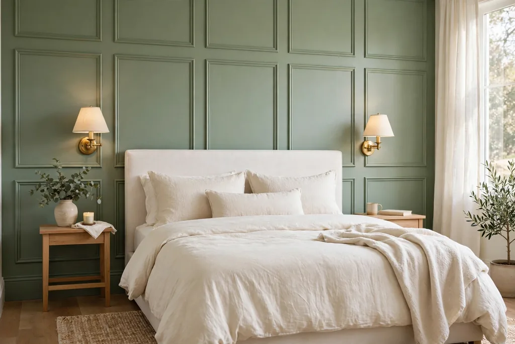 Bedroom bed wall with sage green panel molding, an upholstered headboard, and cream bedding.