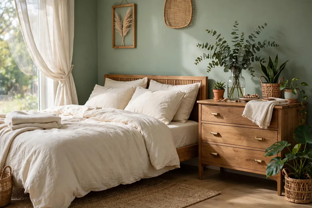 Bedroom with sage green walls, potted plants, and a vase of eucalyptus stems on a dresser.