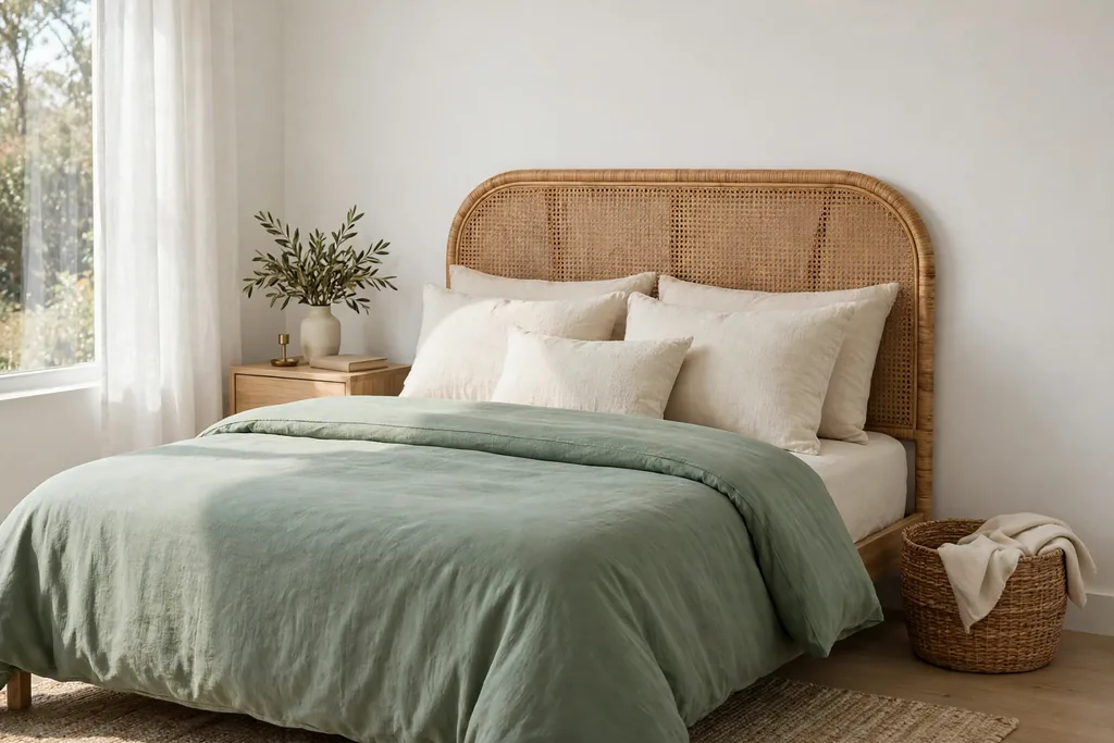 Bedroom with a natural rattan headboard, sage green bedding, and cream cushions.