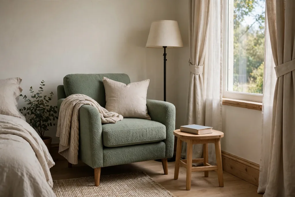 Bedroom corner reading nook with a sage green armchair, a small side table, and a floor lamp.