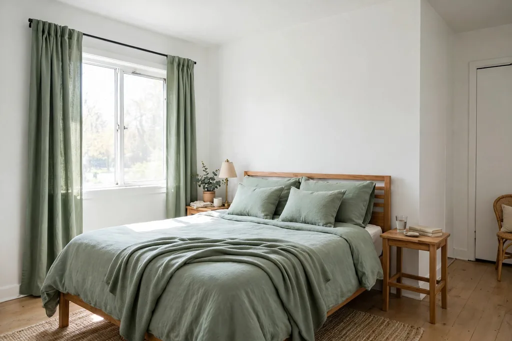 Rental bedroom with white walls refreshed with sage green bedding, cushions, a throw, and curtains.