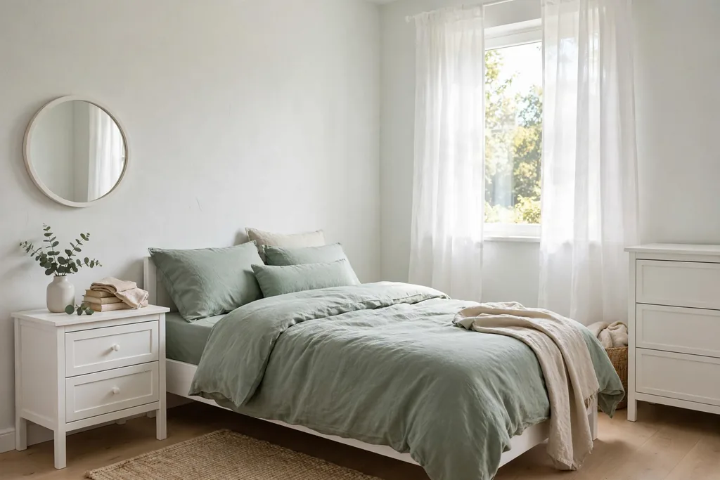 Small bedroom with pale walls, a bed with sage green bedding, and white furniture.