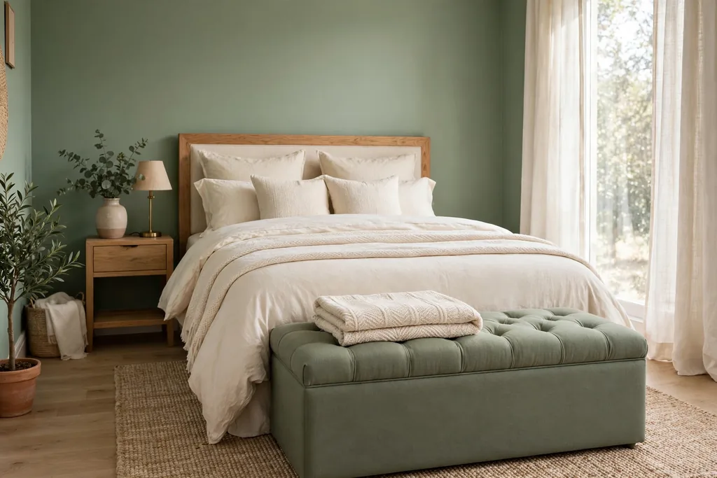 Bedroom with a sage green upholstered storage bench at the foot of a bed with cream bedding.