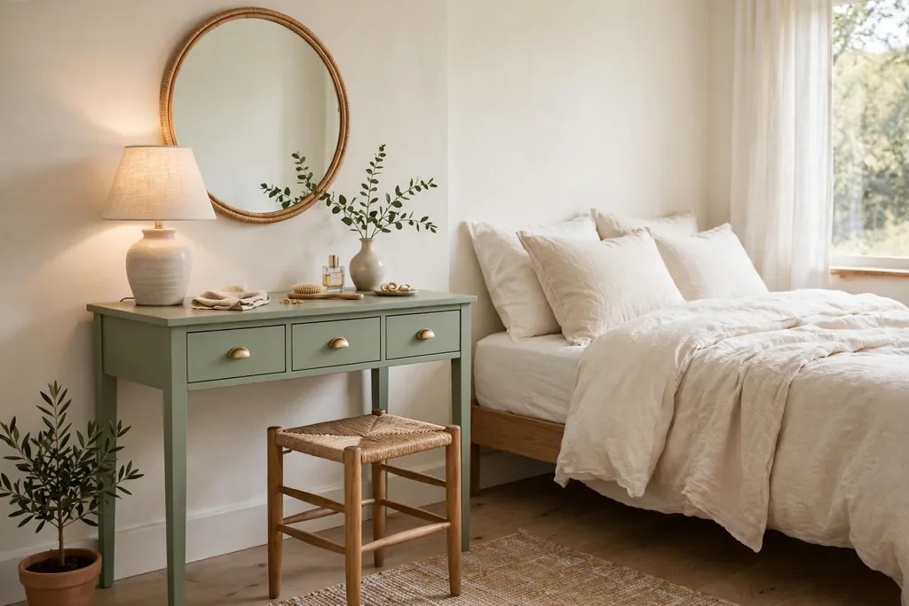 Bedroom corner with a small sage green dressing table, a round mirror, a stool, and a lamp.
