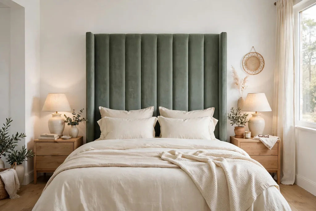 Bedroom with a tall sage green velvet headboard, cream bedding, and bedside lamps.