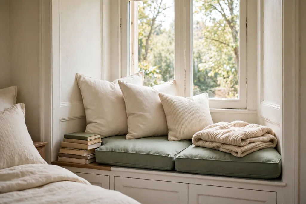 Bedroom window seat with sage green cushions, cream pillows, and a folded throw.