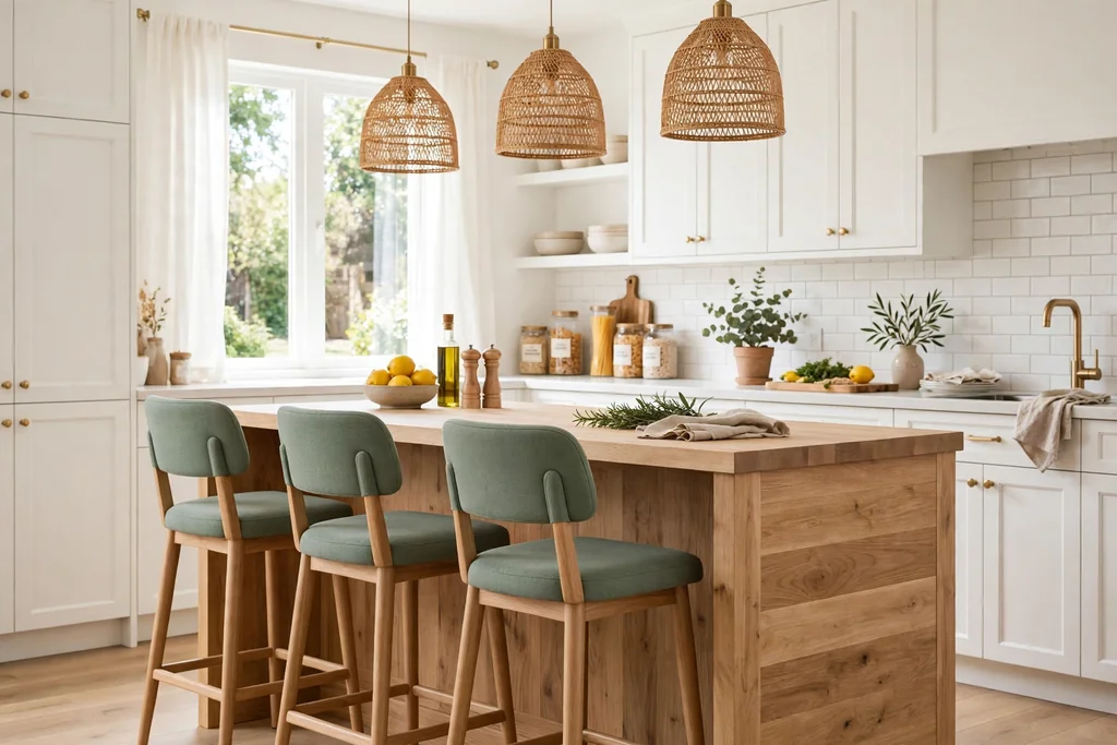 Wood island with sage green bar stools in a bright kitchen.