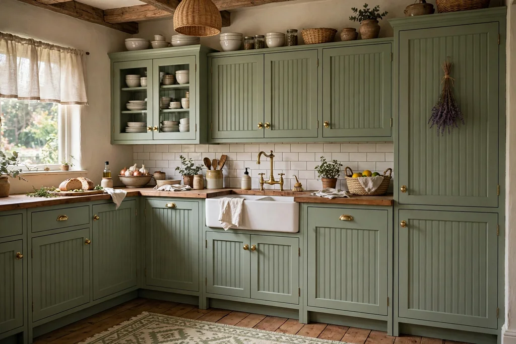Cottage kitchen with sage green beadboard cabinets and a farmhouse sink.