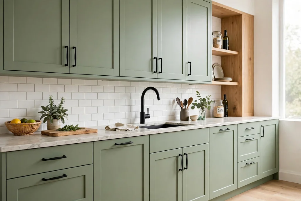 Sage green cabinets with matte black handles and a black tap.