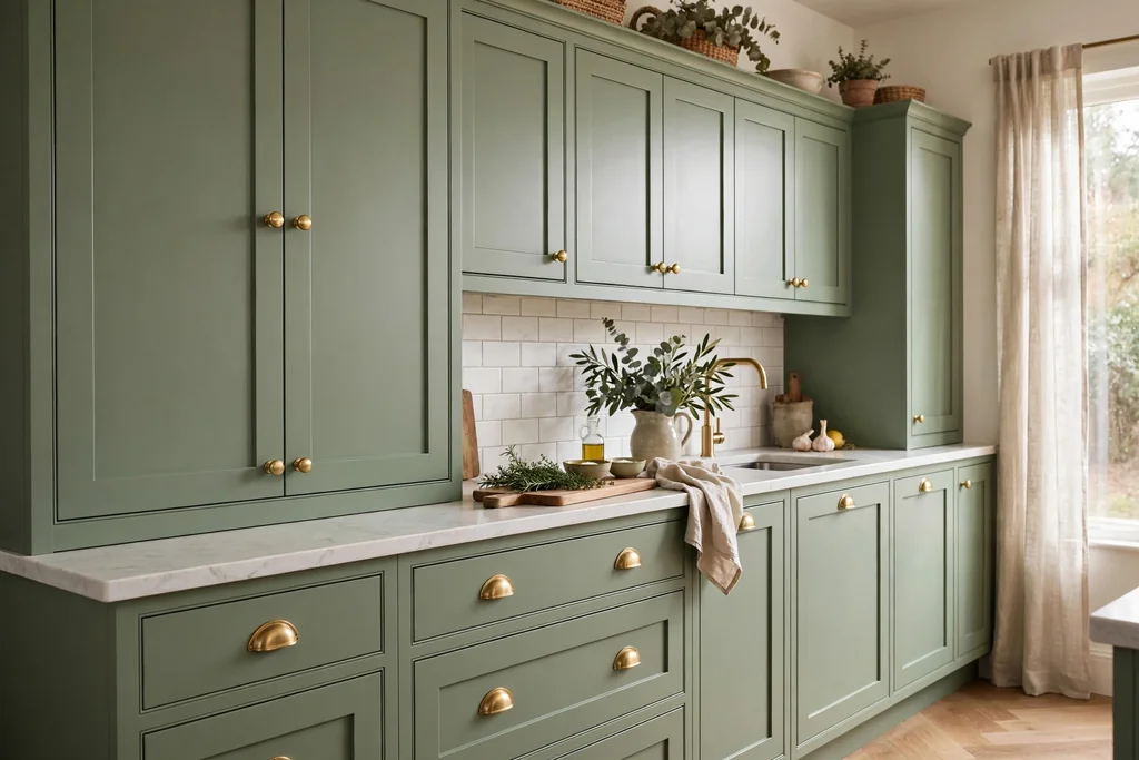 Sage green cabinets with brass knobs and cup pulls.