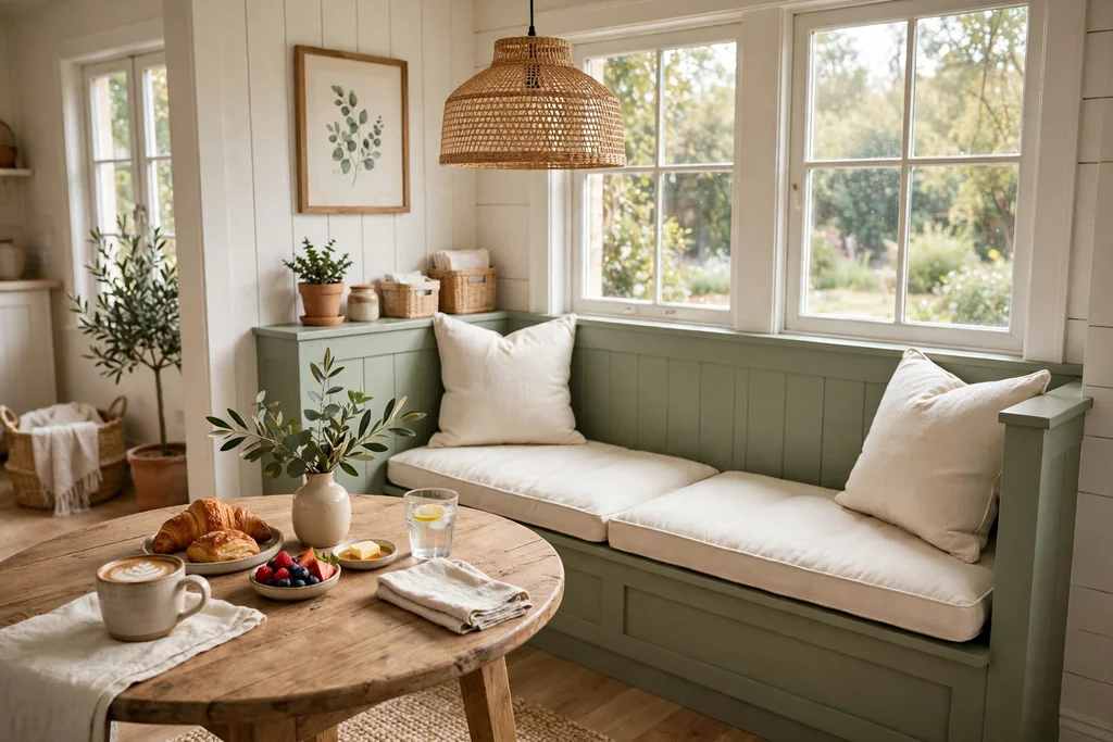 Breakfast nook with a sage green bench seat and cream cushions.