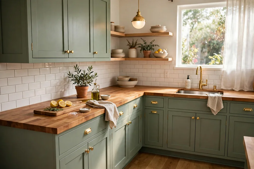Sage green cabinets with warm butcher block wood counters.