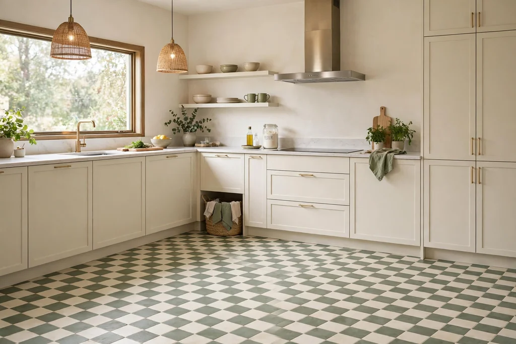 Kitchen with a cream and sage checkerboard floor and plain cabinets.