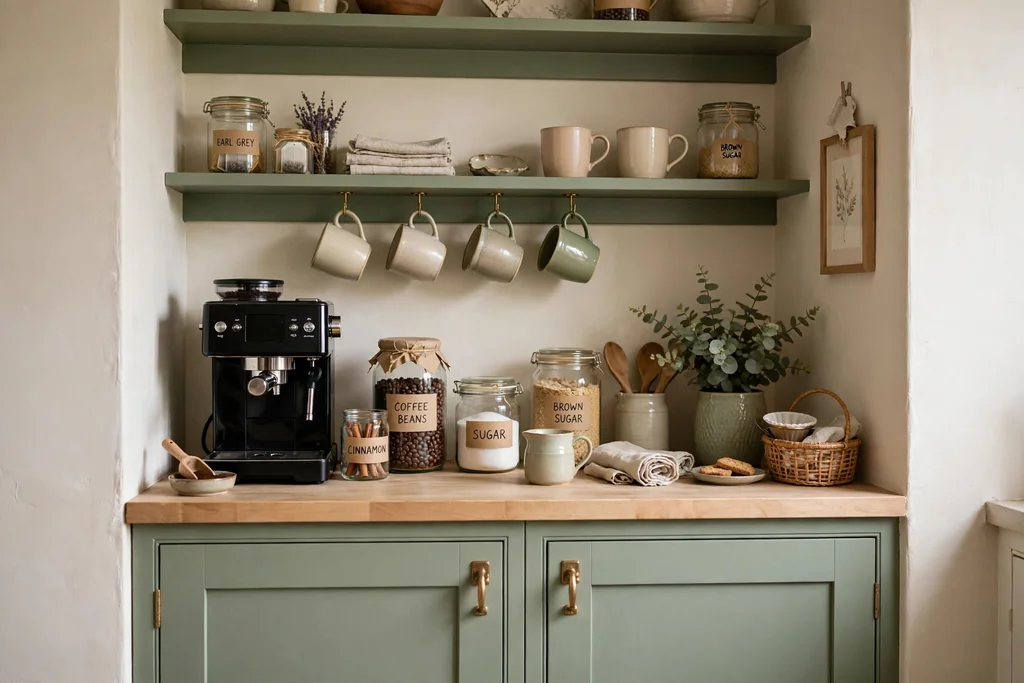 Sage green cabinet nook set up as a coffee station with mugs and jars.
