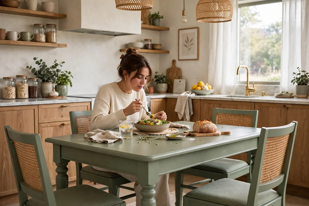 Eat in kitchen with a sage green dining table base and chairs.
