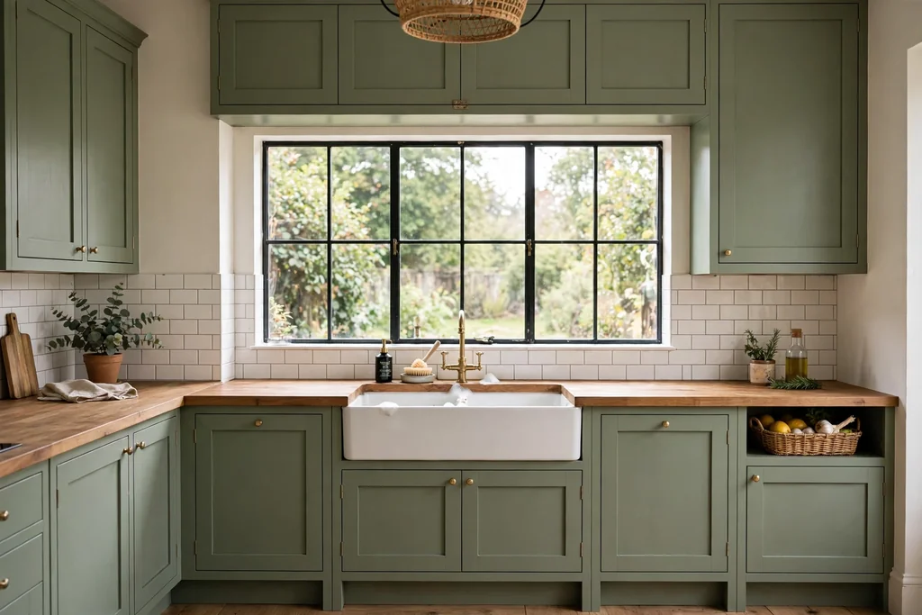 Sage green cabinets around a farmhouse sink under a kitchen window.