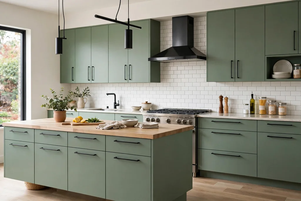 Modern kitchen with flat front sage green cabinets and long simple pulls.
