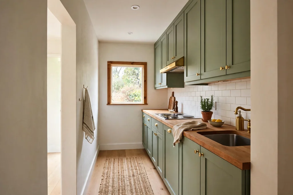 Small galley kitchen with one wall of sage green cabinets.
