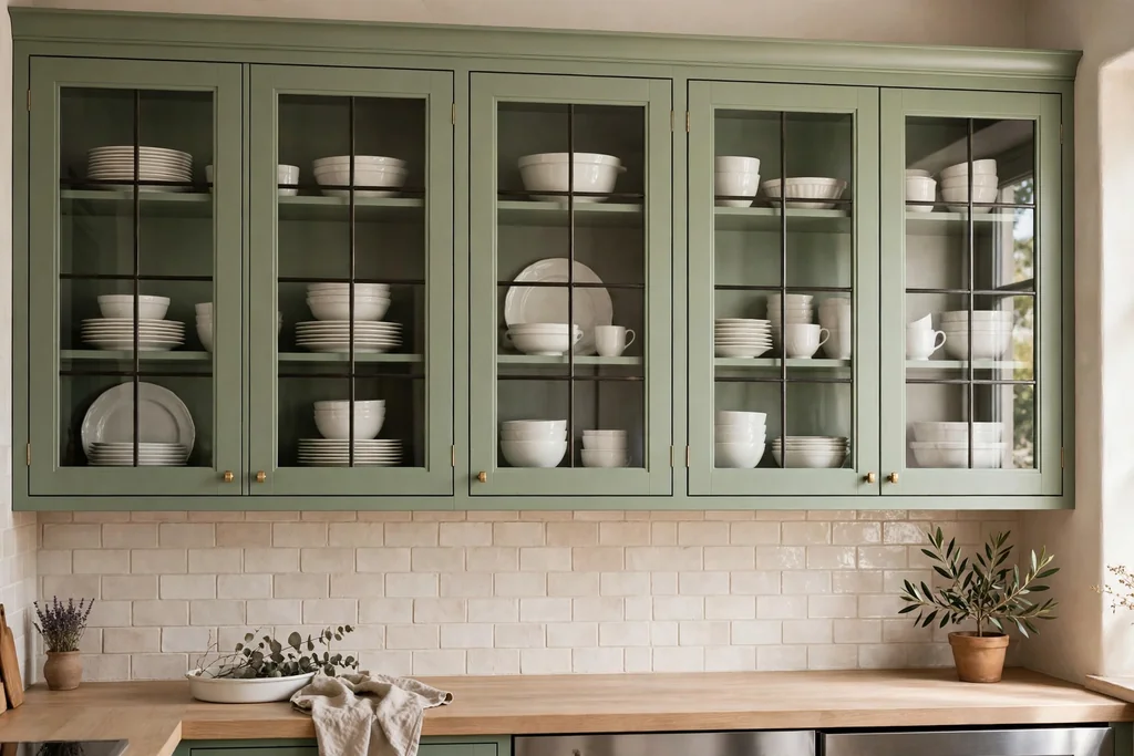 Sage green upper cabinets with glass fronts displaying white dishes.