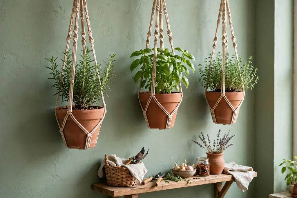 Sage green wall with hanging herb planters in terracotta pots.